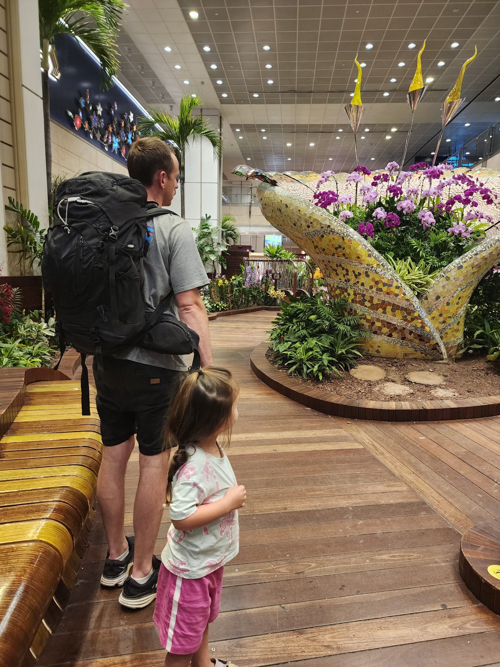 small child and her dad at singapore changi airport looking at flowers exploring during a layover